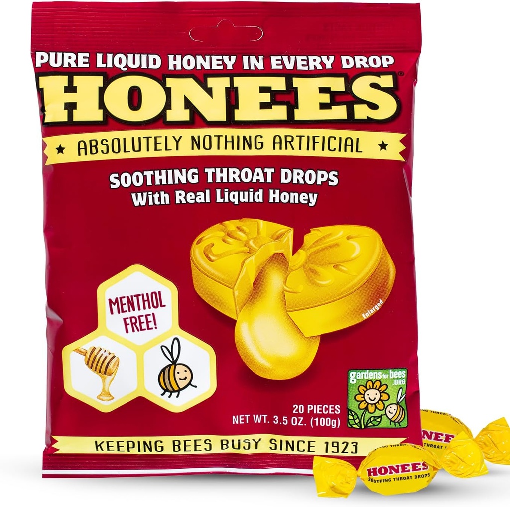 Gotas Preenchidas de Mel Honestos, Gotas de Tosse de Mel com verdadeiro mel-natural dor garganta alívio-nada Artificial-Garganta casaco Lozenges, Supressor de Tosse Natural, Não-GMO, Sem glúten (1 pacote – 20 gotas)