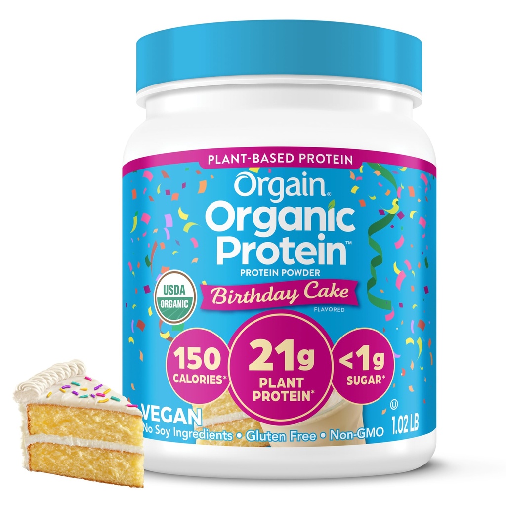 Orgain Organic Vegan Protein Powder, Bolo de Aniversário - 21g Proteína Baseada em Planta, 7g Fibra Prebiótica, Baixo Carb Net, Sem Ingredientes Lactose, Sem Açúcar Adicionado, Não-GMO, para Shakes & Smoothies, 1.02 lb