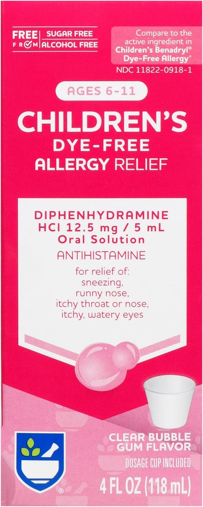 Alívio de Alergia Infantil, Difenidramina HCI, Bubble Gum Flavor, 12,5 mg - 4 oz Anti-histamínico □ Medicina de Alergia Infantil