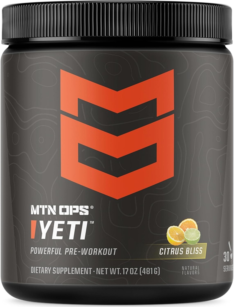 MTN OPS Yeti Bebida energética pré-treino em pó com Creatina, 200mg de cafeína e BCAAs com Beta Alanine, 30-Serving Tub, Citrus Bliss