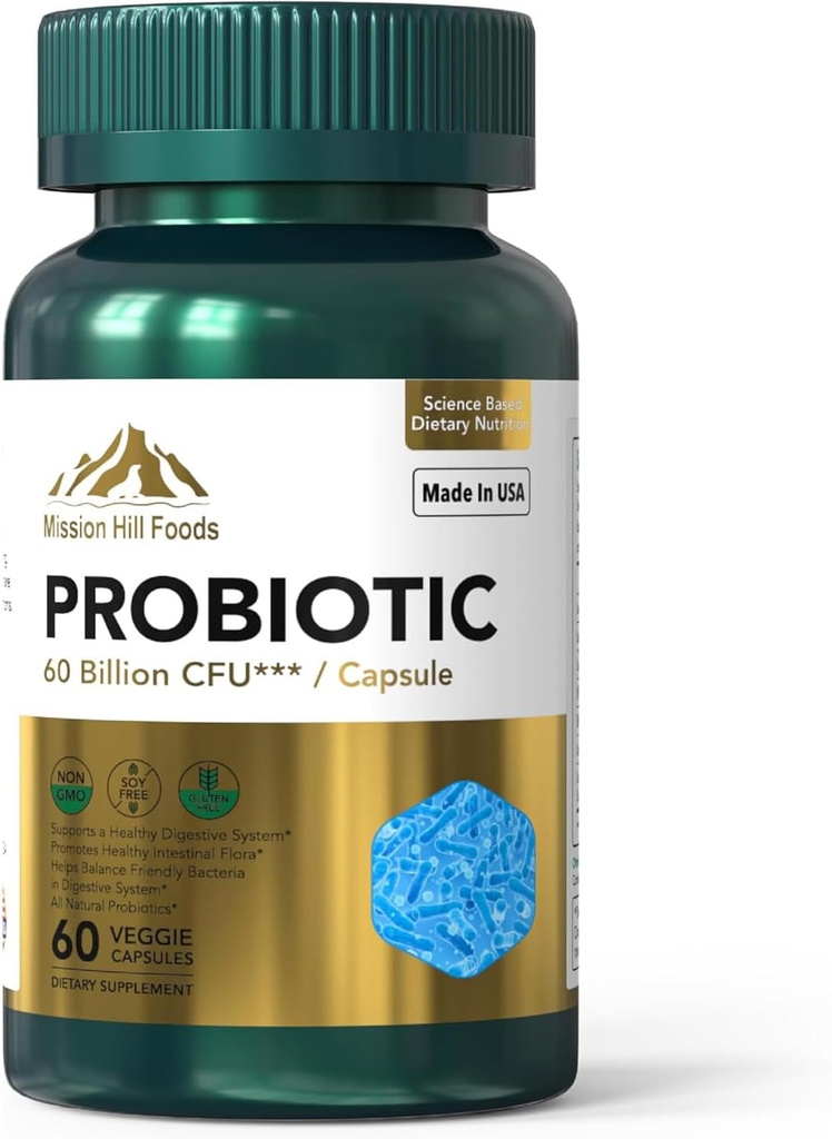 Probiótico 60 bilhões de UFC Suporta Saúde Digestiva e Imunitária (1 garrafa-60 cápsulas-2mo Abastecimento)