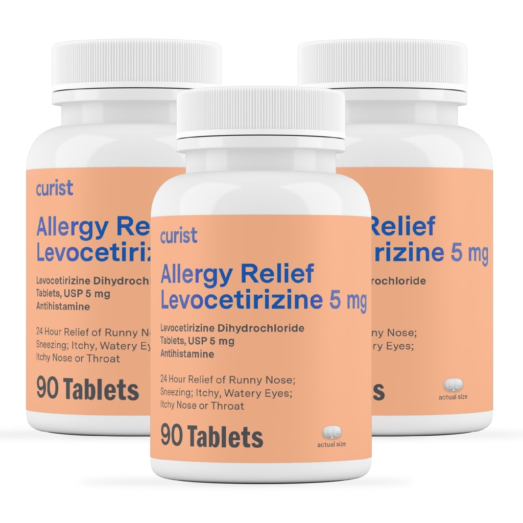 Curista Genéricos Levocetirizine Dicloridrato 5mg Bulk (270 comprimidos), comprimidos de alergia, 24 horas de alívio de alergia - Medicina de alergia (3 embalagens de 90 comprimidos)