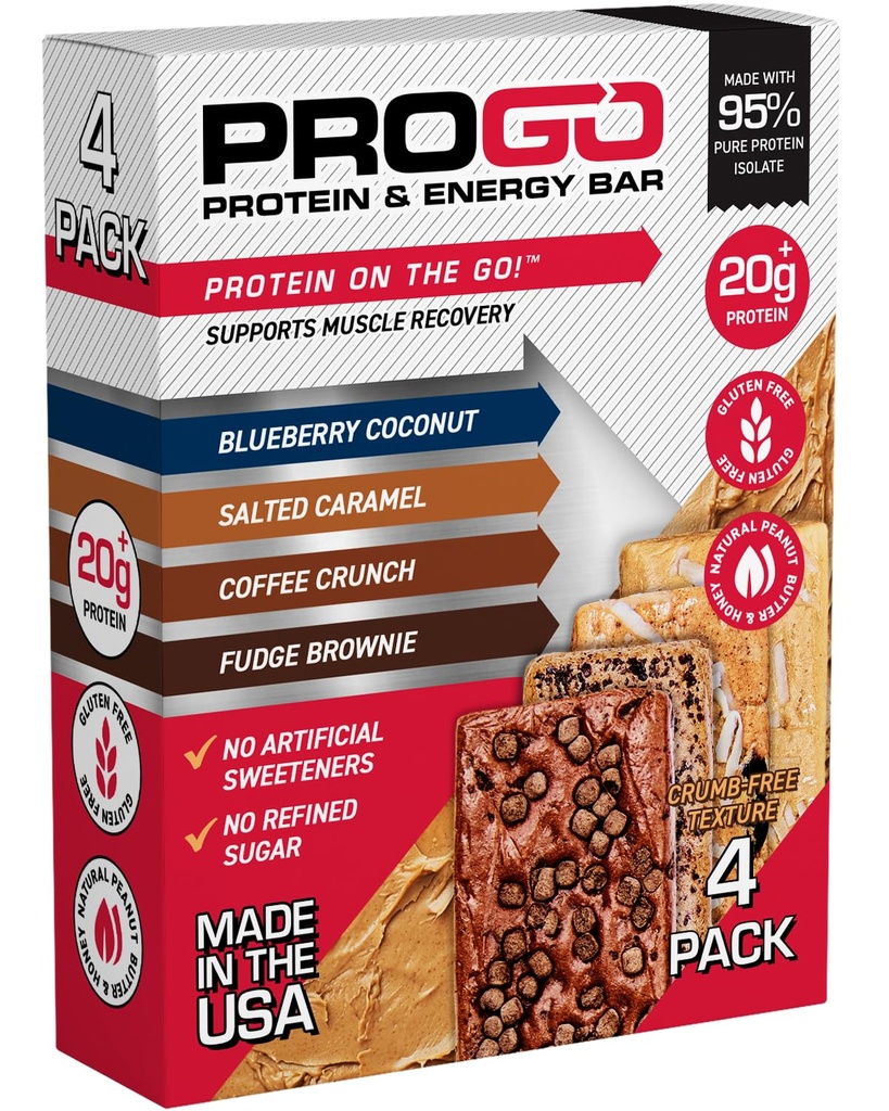 ProGo barras de proteína, baixo açúcar, Snacks de proteína alta (até 21g) - 95% isolato puro para crescimento muscular mais rápido e recuperação, baixa caloria, manteiga adoçada w/peanut e mel cru (4-count, Starter Pack)