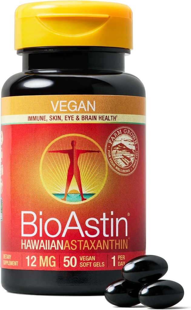 Nutrex Hawaii Vegan BioAstin Hawaiian Astaxantina - 12mg, 50 Softgels - Farm-Direct Premium Antioxidante Suplemento para apoiar olho, pele, comum & Imune Sistema de Saúde - Vegan, Não-GMO & Gluten-Free