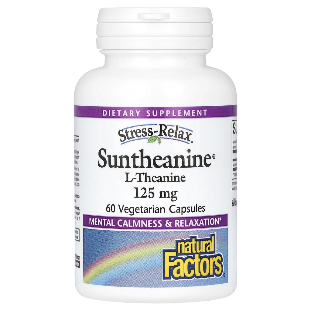Fatores Naturais Stress-Relax Suntheanina L-Teanina 125 mg, Apoio ao Estresse Não-Drowsy para Calma Mental e Relaxação, 60 Cápsulas