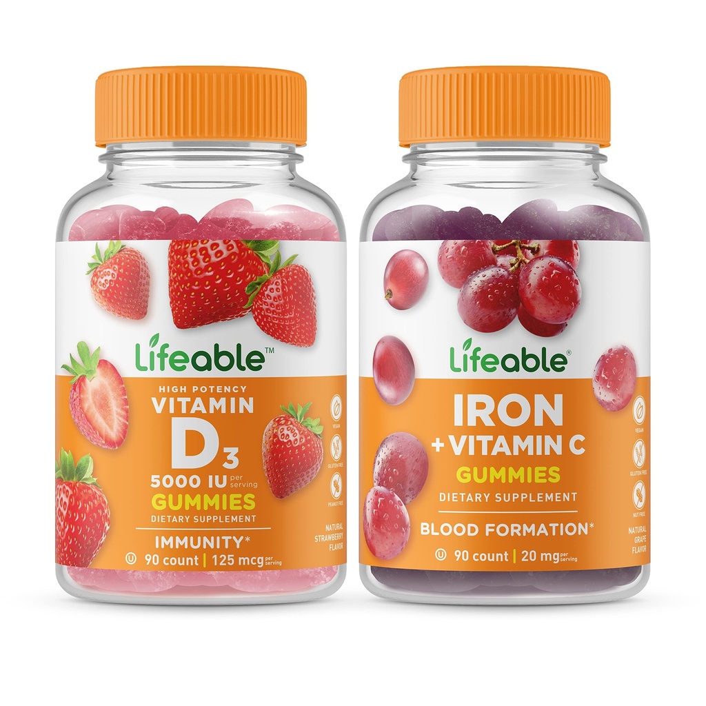 Vitamina D 5000 UI viva + Ferro com Vitamina C, Gummies Bundle - Grande Degustação, Suplemento Vitamina, Sem Glúten, GMO Livre, Gummy mastigável