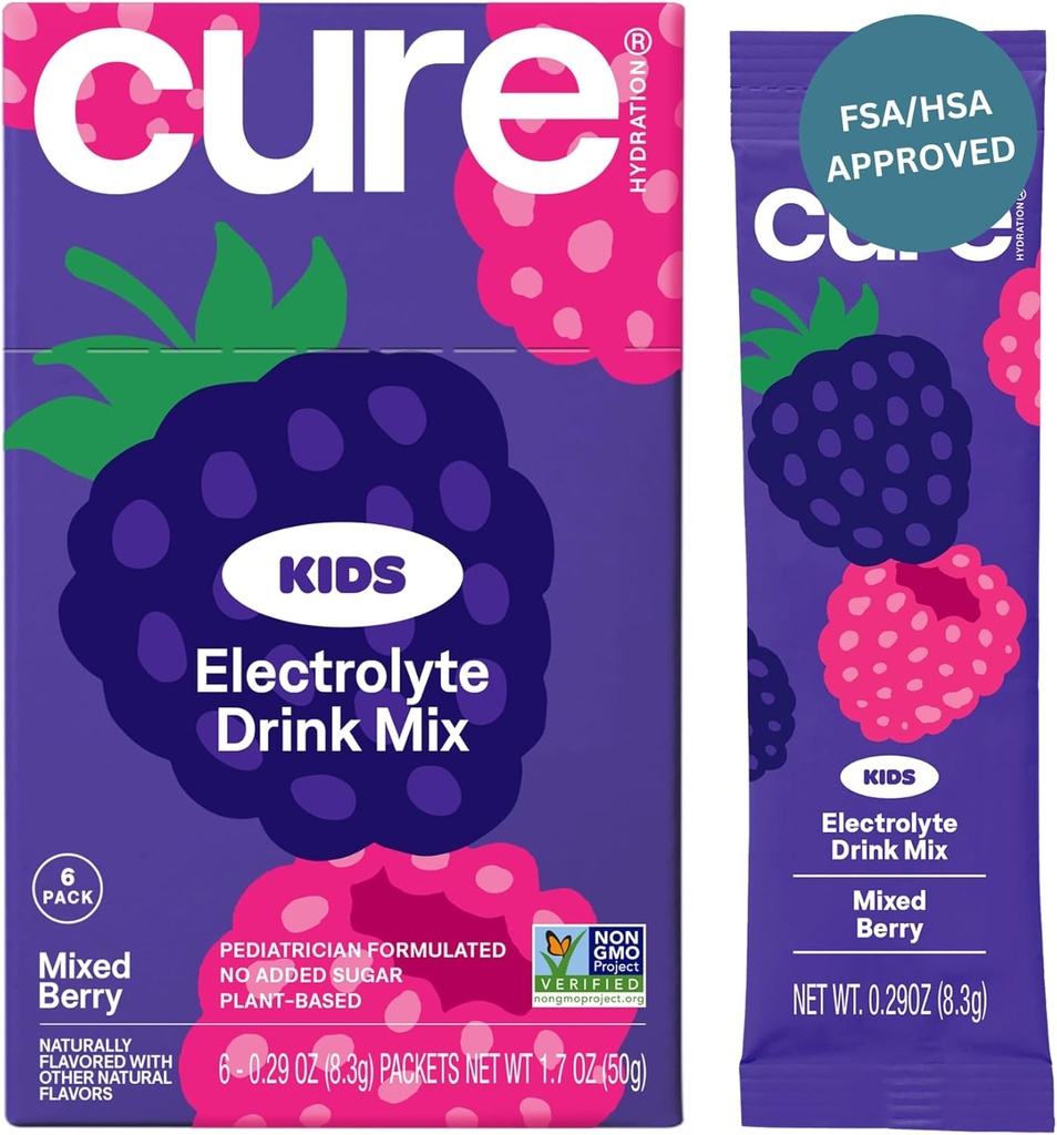 Hidratação cura - Mix bebida eletrolítica para crianças □ Reidratação pediátrica baseada em plantas □ Não adicionado de açúcar, FSA-HSA, Não-GMO, Gluten-Free, Sem sabores artificiais