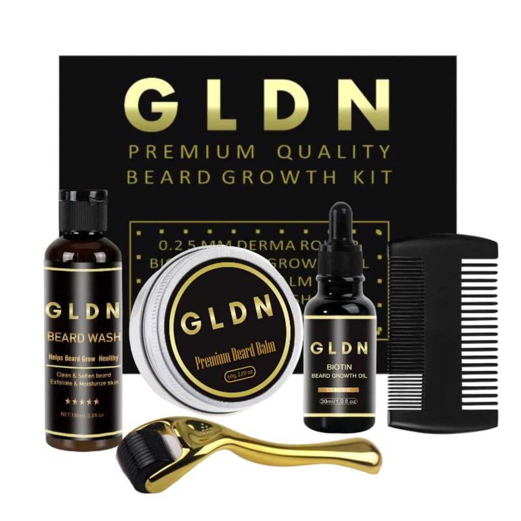 GLDN Beard Kit . inclui óleo de barba, sérum de barba, pente de barba e rolo derma de barba