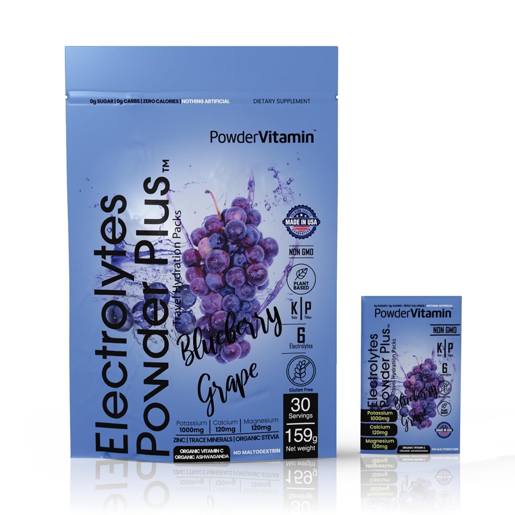 PóVitamina Eletrolitos Pó Plus, Keto, Uva de mirtilo, Açúcar Zero, 1000mg Potássio, 120mg Cálcio, 120mg Magnésio, Não-GMO, Calorias Zero, 30Hidratação Packets