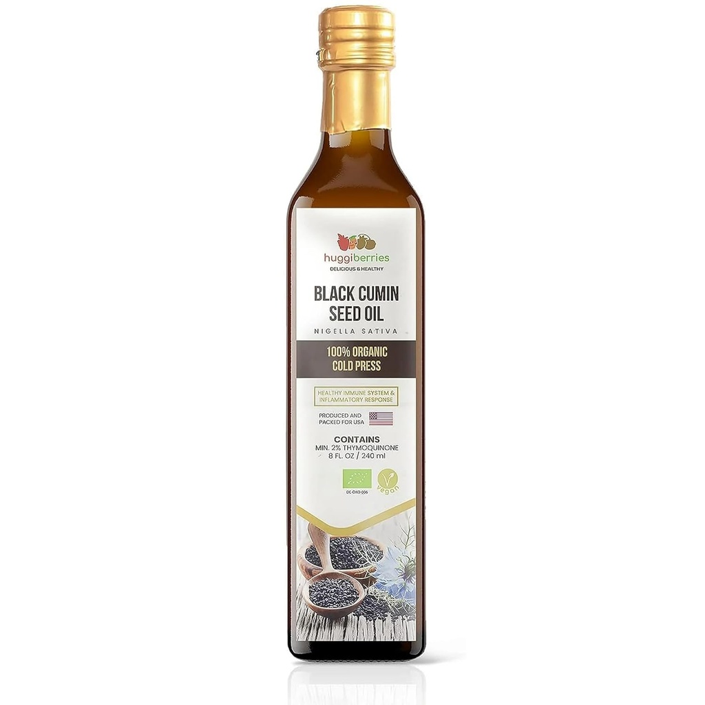Huggiberries Orgânico Black Seed Oil Liquid - garrafa de Glas- Óleo sem glúten para Saladas, Mergulhos, Vestidos, Vegetais - Cominho turco prensado frio, rico em Thymoquinone Imunidade Suplemento - 8 fl.oz. / 250ml