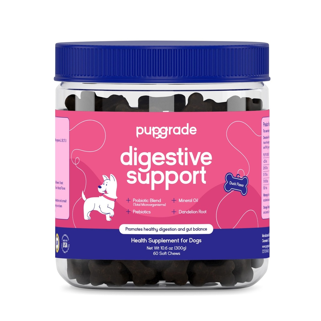 PupGrade Suporte Digestivo Mastiga para cães - Prebiótico e Probiótico Suplemento com Mistura de Enzimas - Estômago irritado, Diarréia, Bowel, e Imune Suporte - abóbora, mirtilo, óleo mineral - 60 mastigação macia