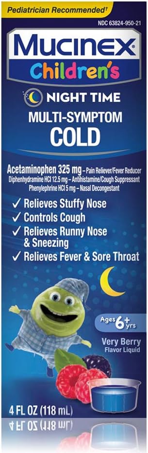 Frio, Tosse e Febre, Mucinex Multi-sintoma Infantil, Líquido Frio à noite, Berry Misturado, 4 onças, Reduz Febre, Controla Tosse, Alivia Nariz Recheado