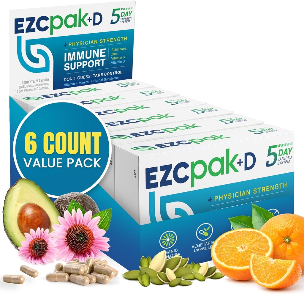 EZC Pak 5 dias Imune System Booster com Echinacea, Vitamina C, Zinco e Vitamina D - Suplemento de suporte Imune Tapered para Adultos - Suporta Imunidade, Pacote de suplemento de tamanho fácil de viagem - (Pacote de 6)
