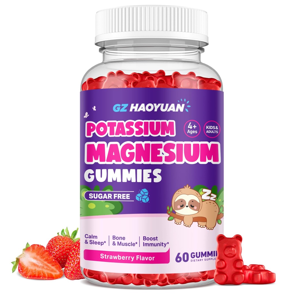 Gummies de magnésio para crianças - Gummies de magnésio com vitamina D3, B6, Potássio e Ashwagandha, Magnésio para crianças e adultos Relaxação, Sono, Cérebro e Saúde Óssea -Vegan Strawberry 60ct