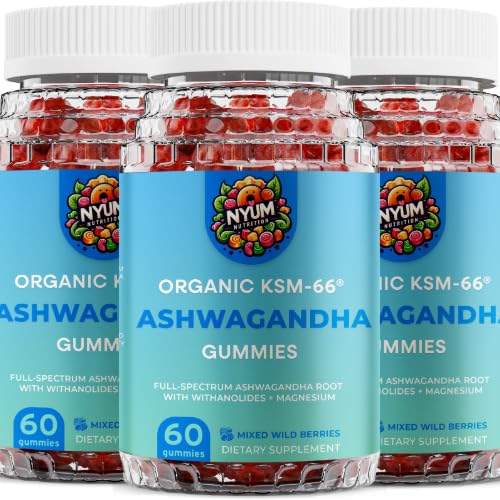 NYUM NutritionTM Organic KSM-66 Ashwagandha Gummies, 3-Pack, Bagas Selvagens Misturadas