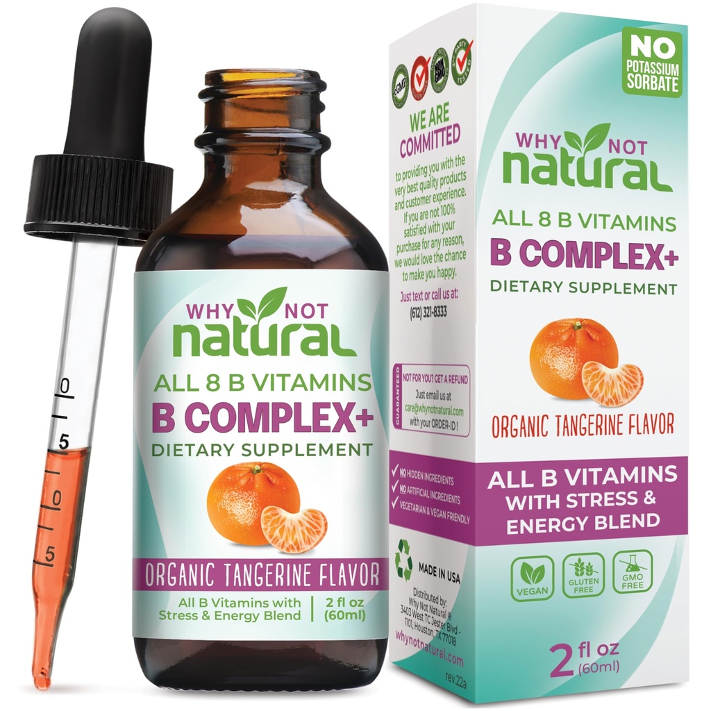 Por que não Natural Vitamina B Complexo líquido gotas - Suplemento para as mulheres - Vegan e formas sublinguais de B1 B2 B3 B5 B6 Folato de Biotina e cholina - Mais mistura para suporte energético