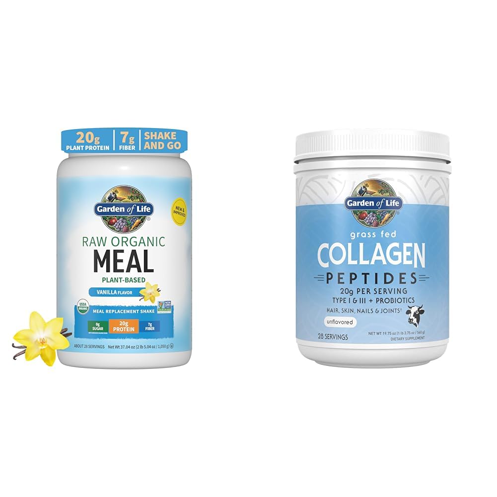 Jardim da vida Vegan Protein Powder - Shakes de substituição de refeições orgânicas crus - Baunilha - proteína de ervilha & grama Fed Colágeno Peptídeos Pó - pó de colágeno sem sabor para mulheres Homens unhas de cabelo juntas