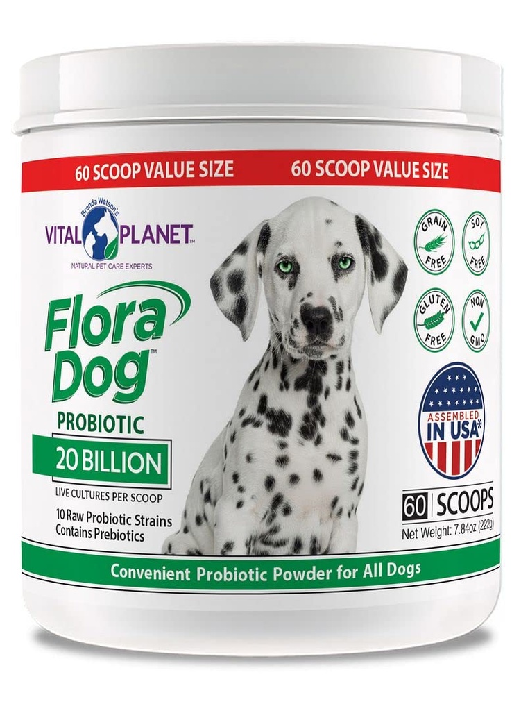 Planeta Vital - Flora Dog Probiótico Powder Supplement com 20 Culturas de Bilhões e 10 Strains, Imune de Alta Potência e Suporte Digestivo Probióticos para Cães, 7.84 oz., 222 Grams, 60 Servings