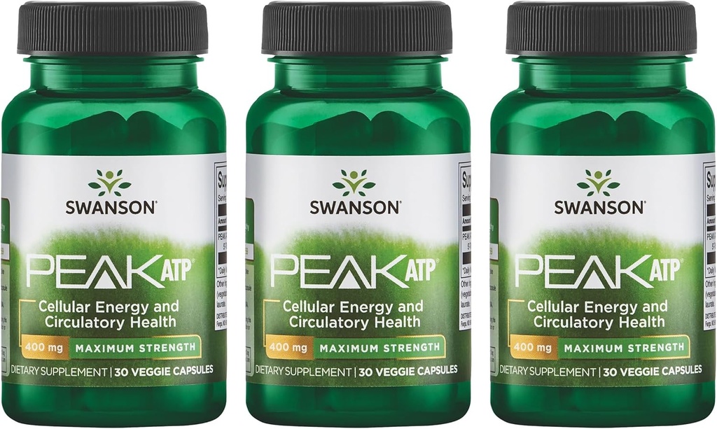 Swanson pico de força máxima Suplemento ATP-Natural que promove suporte energético celular-apoia o desempenho físico e promove o apoio saudável do fluxo de sangue-(30 cápsulas Veggie, 400mg cada) 3 Pack