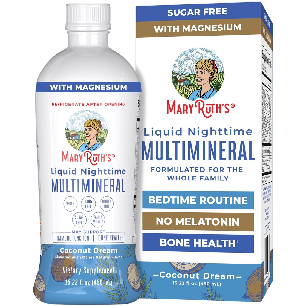 MaryRuth's Liquid Nighttime Multimineral - Sem Melatonina - Rotina de hora de dormir - Magnésio Citrato - Cálcio - Zinco - Vitamina D3 - Disponível em 4 sabor - Vegan
