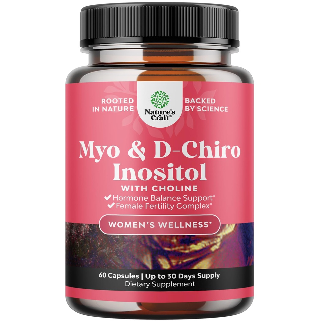 Myo-Inositol & D-Chiro Inositol Suplemento para Mulheres - Suplemento de Colina para Regular Ciclo Menstrual, Fertilidade e Equilíbrio Hormonal - Cápsulas de equilíbrio Hormônio Mulheres com Myo & D-Chiro - 60 Caps