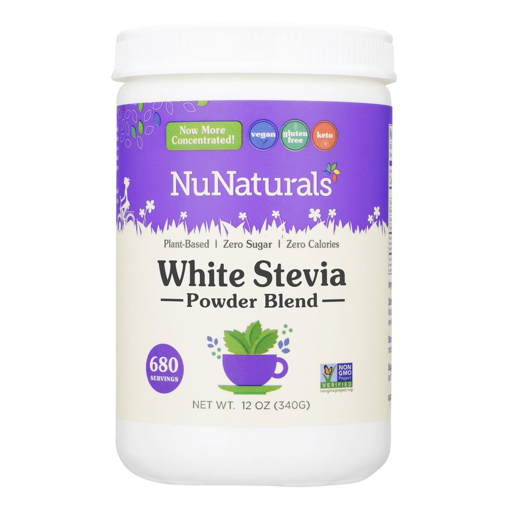 NuNaturals White Stevia Powder Mistura, Substituto de açúcar baseado em plantas, Adoçante de calorias zero, 12 onças