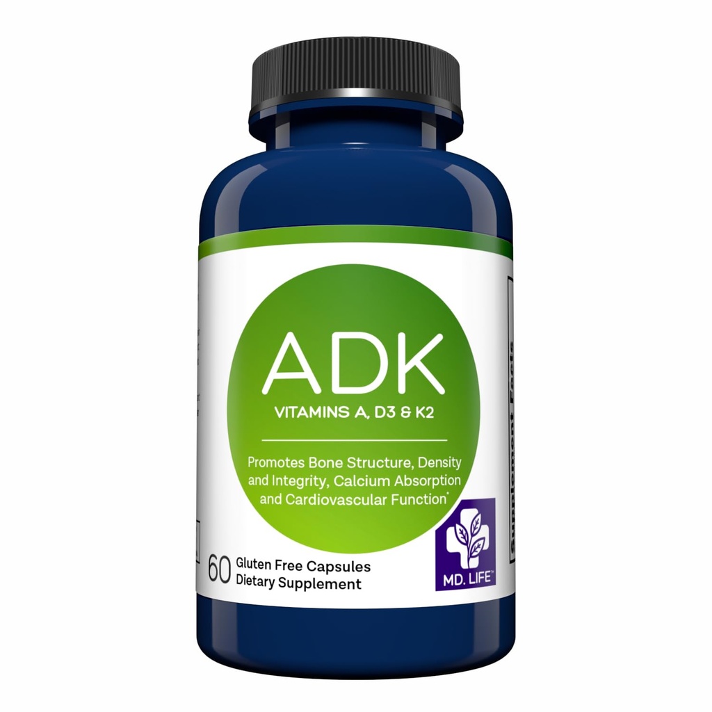 MD.LIFE ADK Suplemento Vitamina – Vitamina D3 K2 e um complexo – 60 cápsulas – Vitamina ADK de alta potência para suporte de saúde óssea e cardíaca