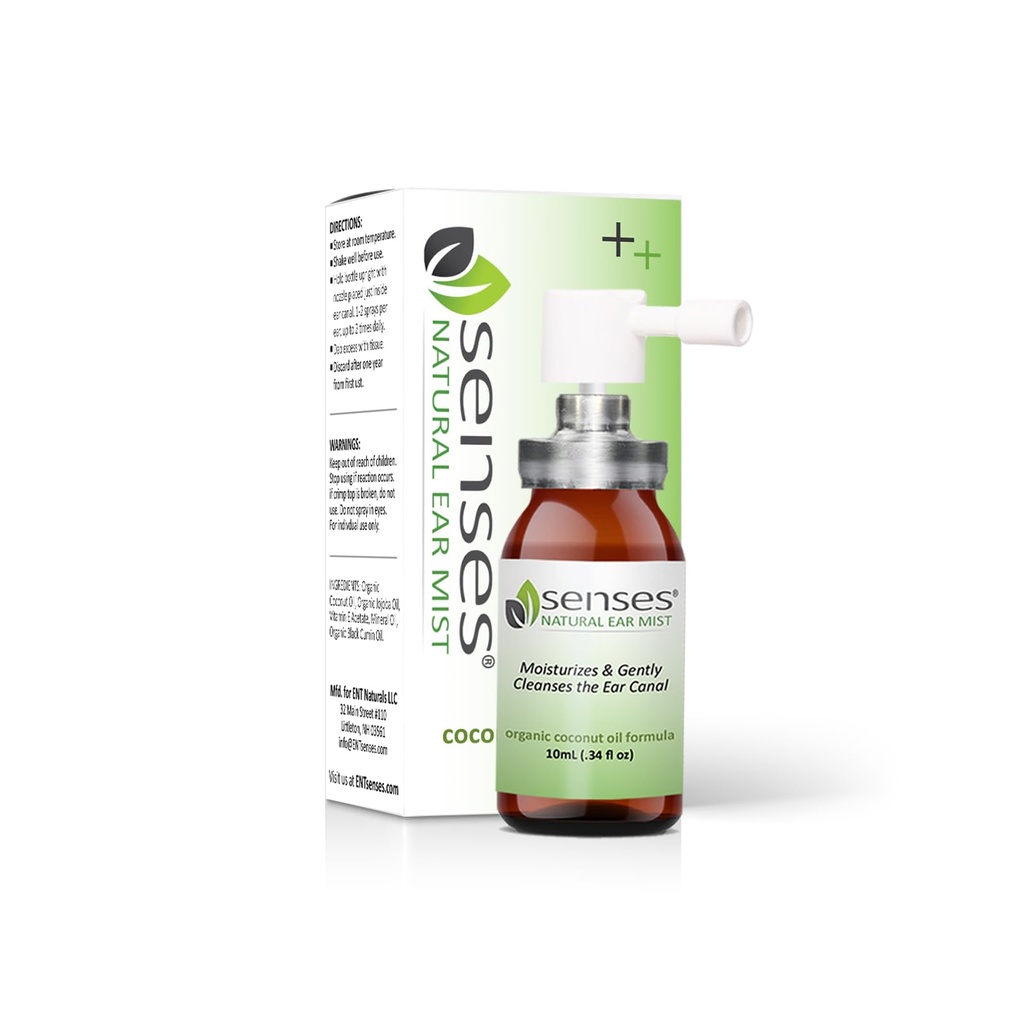 SENSES Natural Ear Drops - Médico Formulado calmante, óleo orgânico de coco para orelhas irritadas - Uso para limpeza, hidratação, alívio de alergias, próteses auditivas, e cera de ouvido, 0.34 Fl Oz