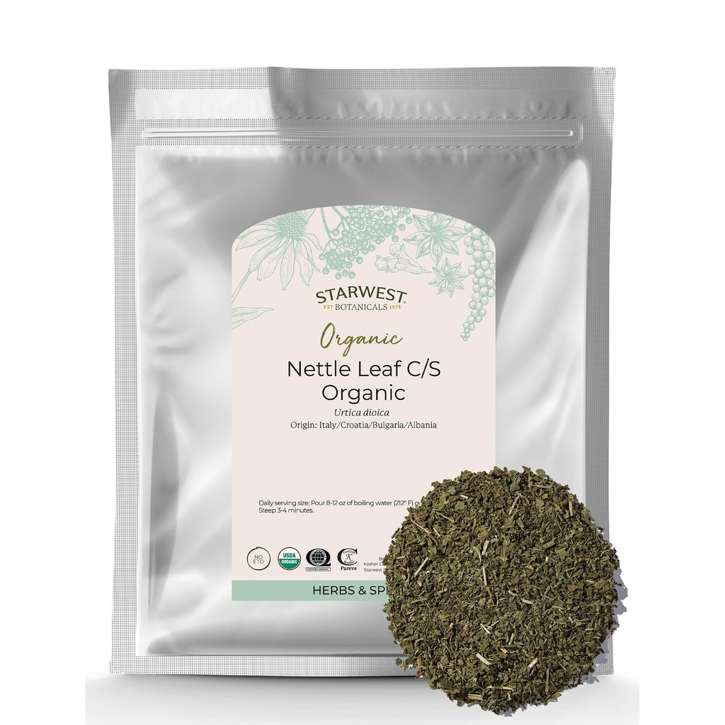 Starwest Botanicals Organic Nettle Leaf - Seco Stinging Nettle, Natural Loose Leaf Herbal Tea, Cafeína Livre, Corte & Sifted, Certificado Kosher, Não-GMO - Bulk 1 lb Bag