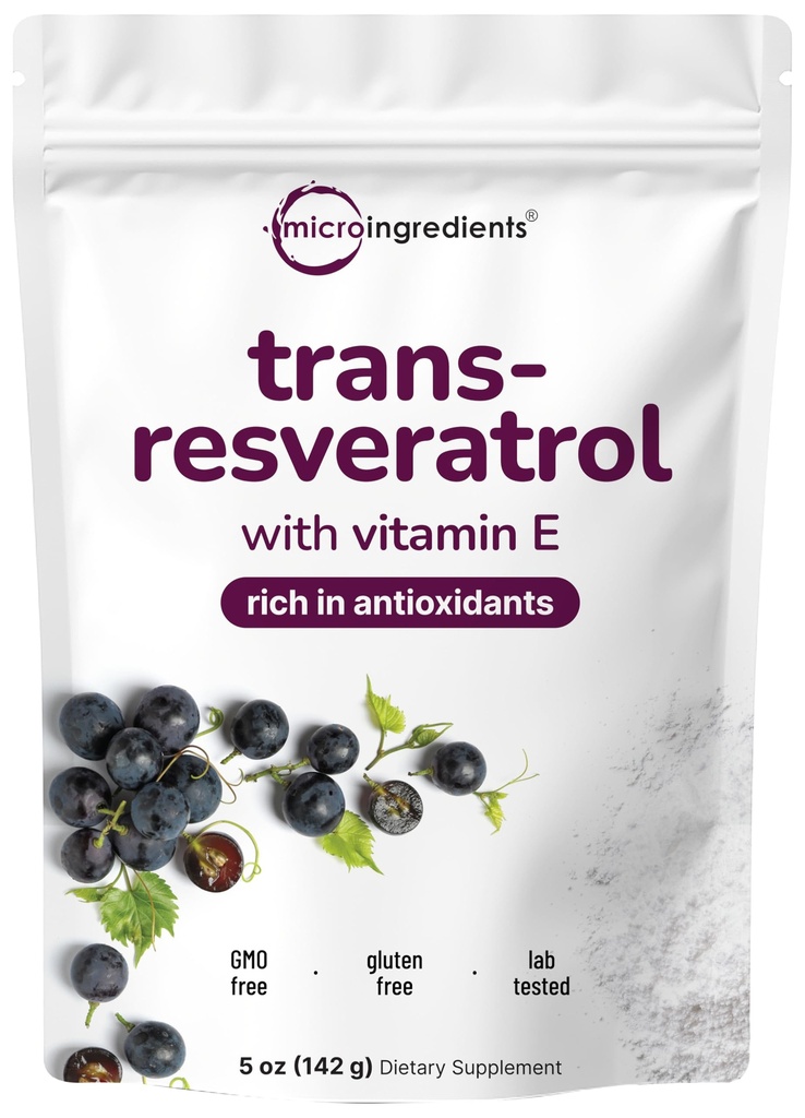 Pó de Trans-Resveratrol puro com vitamina E, 5 onça, 2 em 1 fórmula, pó micronizado para melhor absorção, Suplemento Premium Resveratrol, Super Antioxidante