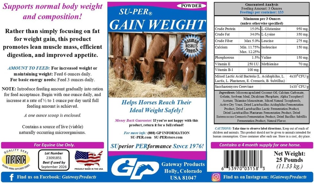 SU-PER Ganho Peso para Cavalos - Equine Suplemento Gainer Peso para Cavalos - Promove massa muscular magra, digestão e apetite - 25 libras, 4 meses de fornecimento