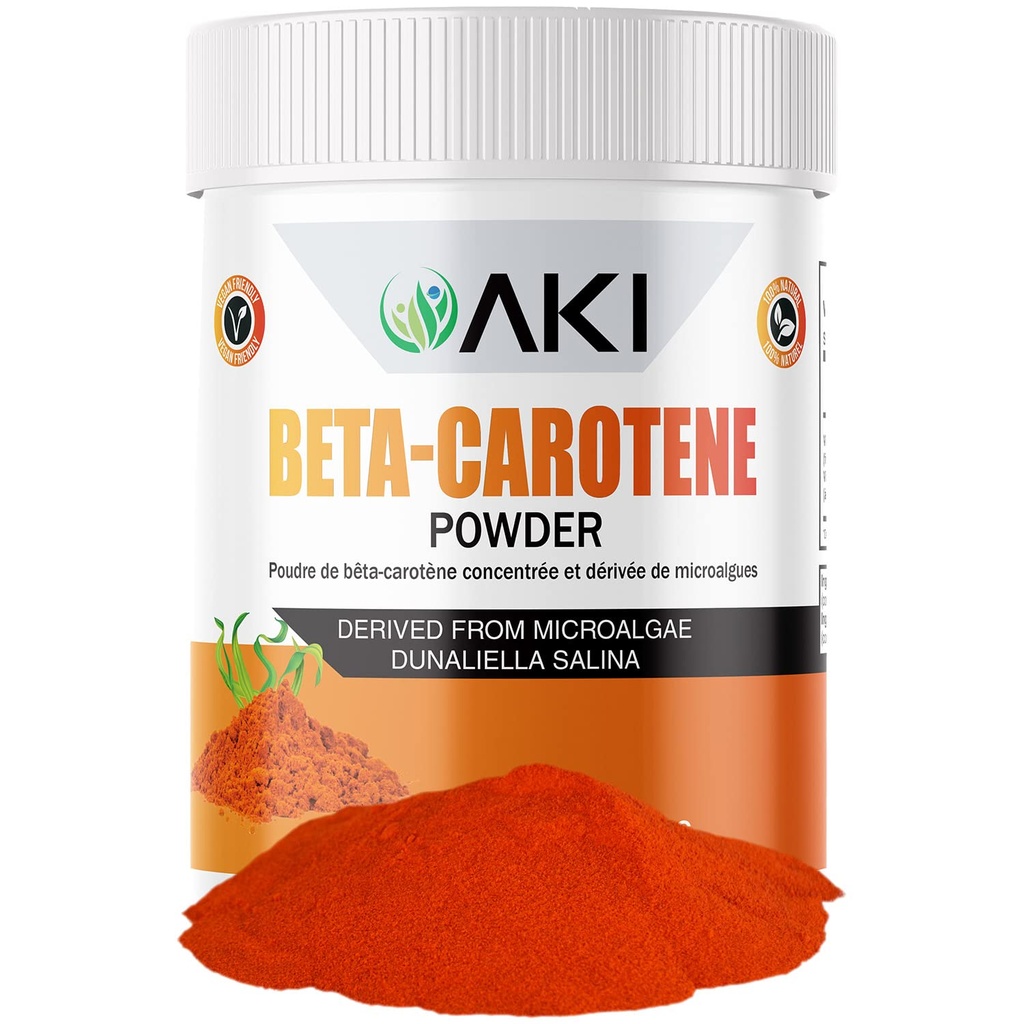 AKI Beta Carotene 10% Pó (1,5 oz/42.52g) Altamente concentrado aromatizante Fount de vitamina A, Maio Ajuda a apoiar funções do corpo, pele, sistema imunológico e olho - OGM Free & Vegan Friendly