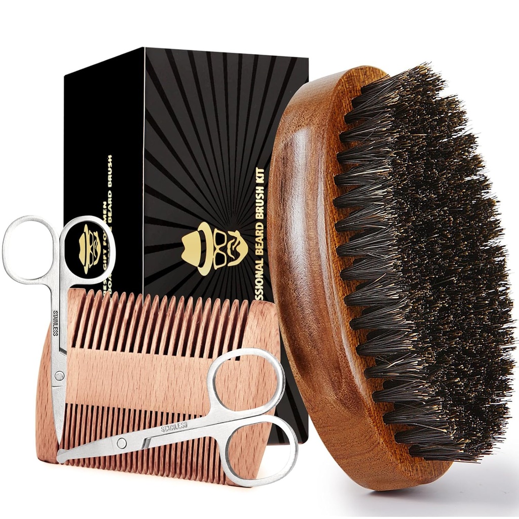 Escova de barba de Sosoon para homens, escova de barba de javali 100% pura, conjunto de enrugamento de barba incluindo pente de barba, tesouras de bigode 2 pcs, e bolsa de viagem