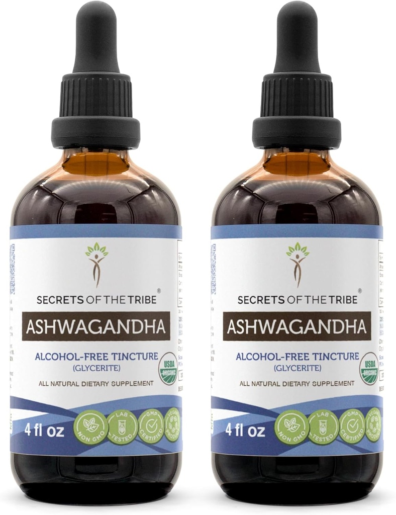 Ashwagandha Tintura Extrato sem álcool, USDA Organic Ashwagandha Withania Somnifera Anti-Stress e Relaxação 2x4 OZ