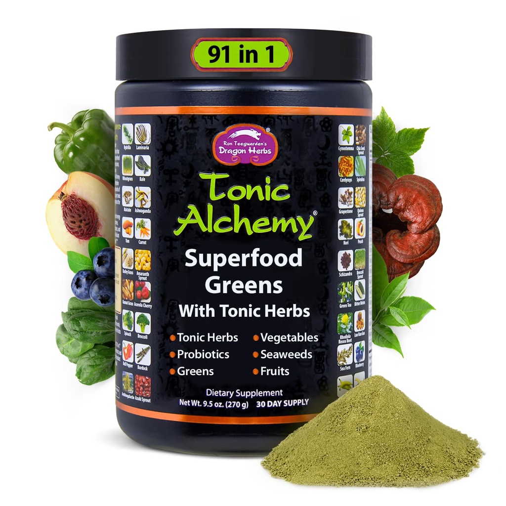 Dragão Ervas Alquimia Tônica Superalimentar Verdes Pó com 91 Ingredientes: Ervas Tónicos, Ashwagandha, Cogumelos, Probióticos, Super Verdes, Algas, Frutas, Vegetais, Espirulina - 30 Serve