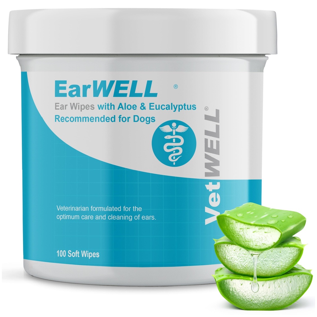 EarWELL by VetWELL Copos de Orelha de Cão - Limpas de Limpeza Ótica para Infecções e Controlando Odor de Orelha em Animais de estimação - 100 Contagem