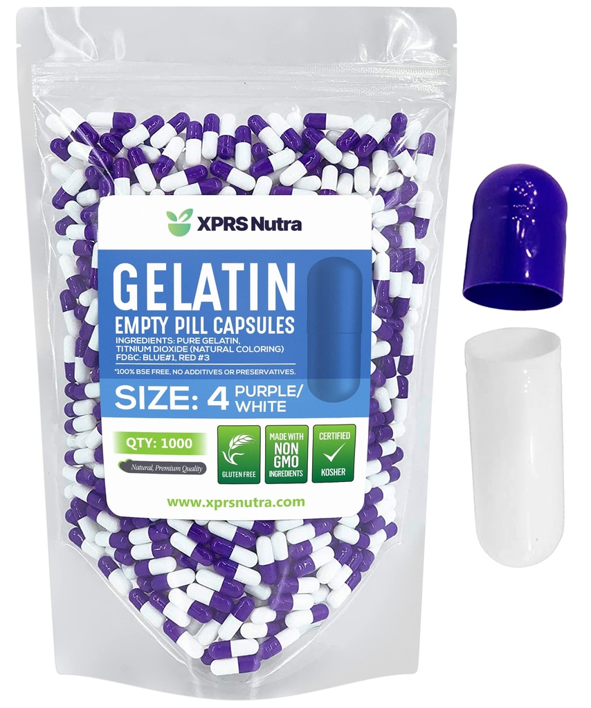 XPRS Nutra Tamanho 4 Cápsulas vazias - 100 Count Pequena Gelatina Vazia Cápsulas - Comprimidos DIY Cápsula Preenchimento - Pure Bovine Pure Bovine Gel Caps para Do-It-Yourself Suplementos (Purple/White)
