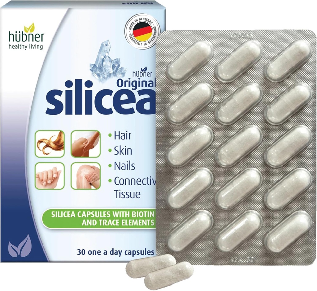 Hübner Original Silicea Gel Um por dia Cápsulas para Cabelo, Pele, Unhas e Tecido Conectivo, Fórmula de Gel de Sílica Coloidal Pura, Sem Aditivos ou Preservativos, 30 Servimentos