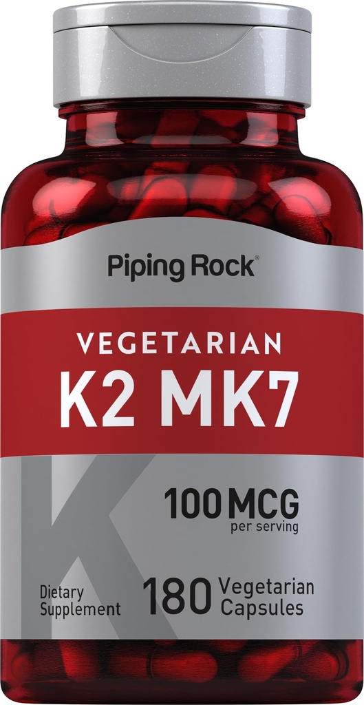 Piping Rock K2 MK7 Suplemento de Vitaminas 100 mcg 180 Cápsulas vegetarianas para Mulheres e Homens