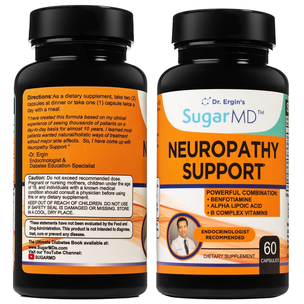 Suplemento de suporte de neuropatia SugarMD – 60 cápsulas de suplemento de nervos com ácido alfa lipoico, benfotiamina e vitamina D3 B6 B12 - suplemento de suporte de nervos para pés, mãos, dedos e pernas - 30 dia de fornecimento