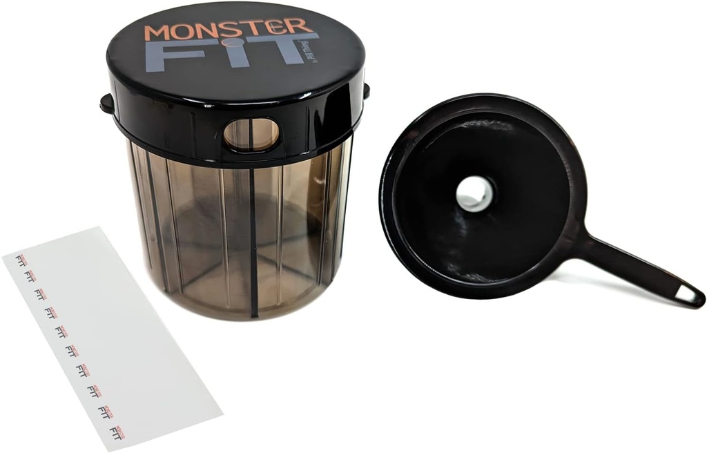 Monster Fit Suplemento Medicação Dispensador de comprimidos com Funil de enchimento e rótulos, Extra Grande Pill Container alças quase qualquer suplemento (Monstro com Funil)