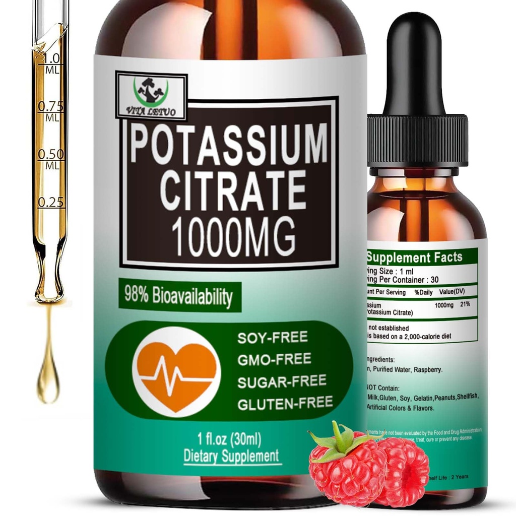 Citrato de potássio gotas líquidas, Suplemento de potássio 1000mg apoio líquido alívio do cãimbra muscular, saúde do coração e sono, Altamente absorvível para adultos Mulheres e homens, Vegan, 30 Servings