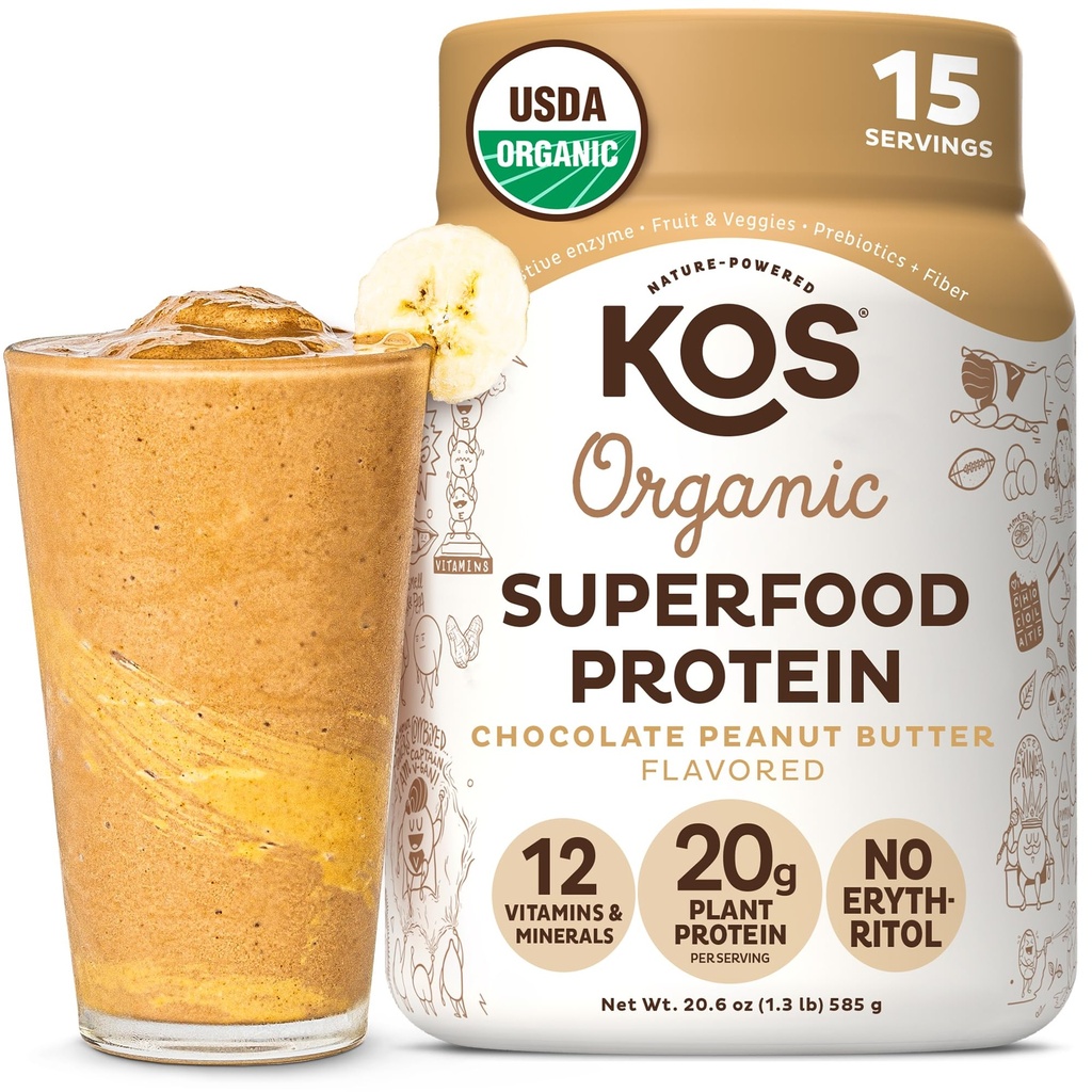 KOS Organic Plant Based Protein Powder, Chocolate manteiga de amendoim - Delicious Vegan Protein Powder - Keto Friendly, Gluten Free, Dairy Free & Soy Free - 15 Servings