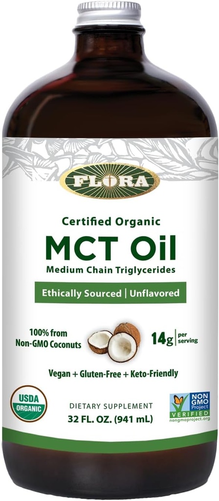 Flora - MCT Oil Certified Organic - Suporta Músculo Energia & Saúde do Cérebro - Contém C8 Ácido Caprílico & C10 Ácido Caprico - Não-GMO, Gluten-Free, Vegan & Keto-Friendly - 32 fl. oz. Frasco de vidro