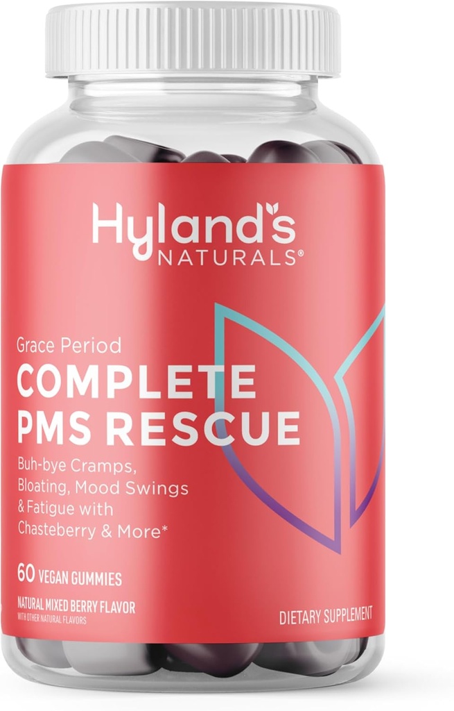 Hyland Grace Período completo PMS Resgate, 60 Gummies Vegan com Chasteberry e Dong Quai para apoio menstrual e B6 e B12 para formação de células vermelhas