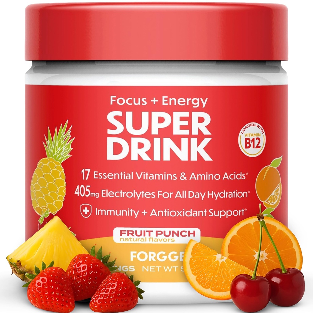 Forgge Healthy Energy Drink Powder Mix - Clean Caffeine + B12, B6, C & D Vitaminas - Sugar Free Energy Drink Powder with Electrolytes, Aminoácidos, Antioxidantes, Leões Mane - Vegan, Keto-Friendly - 30 SVG, Fruit Punch