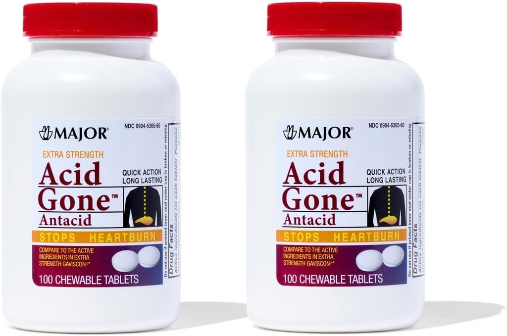 Ácido Maior Levou Comprimidos Antiácidos Mastigáveis de Força Extra - Alívio Anti-Ácido - Medicina de Reflux Ácido para Adultos - Estômago, indigestão ácida e alívio da azia - Longo-Lasting - 100-Count (2 Pack)