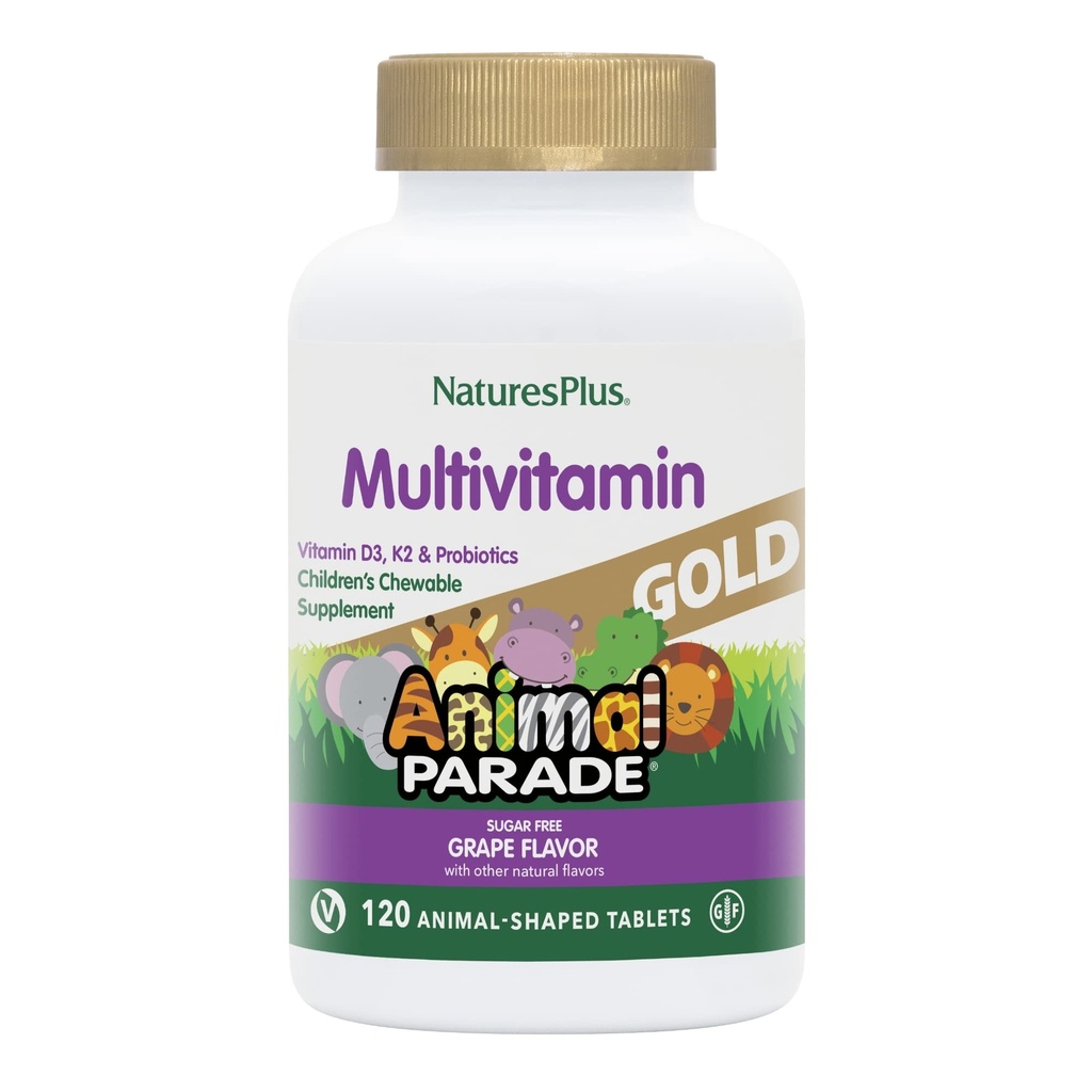 Naturezas Plus Animal Desfile Ouro Multivitamínico infantil, Sabor de uva - 120 Mastigable Animal Shaped Tablets - Vegan, Gluten Free - 60 Servings