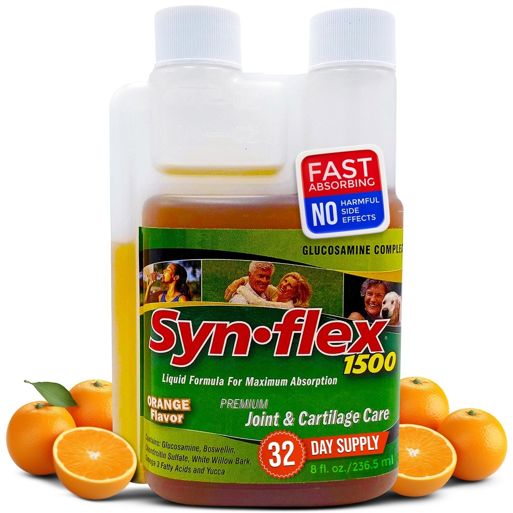 1500mg Glucosamina Líquida & Condroitina - Alta Concentração Fast-Absorvente Fórmula Aroma Laranja Ajuda a apoiar a saúde conjunta e cartilagem - com White Willow Bark, Manganês e Boswellin (32 dias de fornecimento)