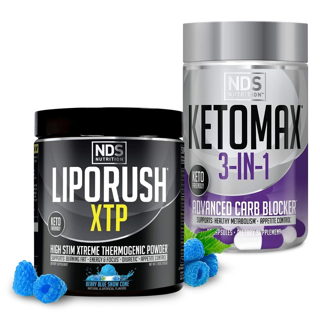 NDS Nutrição XTP Cone de Neve de Berry Azul Termogênico (45 Servões) e Keto-Max Avançado 3-em-1 comprimidos Bloqueador de Carb Apetite Supressor (90 Cápsulas)